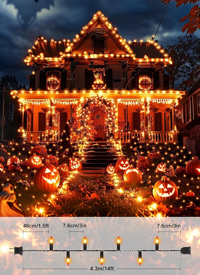 2 Pack Orange Halloween Mini Lights, 13 Feet 50 Count Totally 100 Count Incandescent Bulb Mini String Lights, Connectable Halloween Light for Haunted House Ghost Party Holiday Window Indoor Decoration