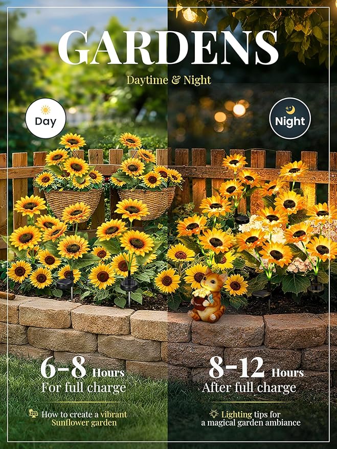 GIGALUMI Solar Garden Lights Artificial Sunflowers, LED Garden Decor Carefree Sunflower Solar Lights Outdoor Yard Decorations Outdoor, Everlasting Sunflower Decor Gift for Yard Patio (Set of 4)