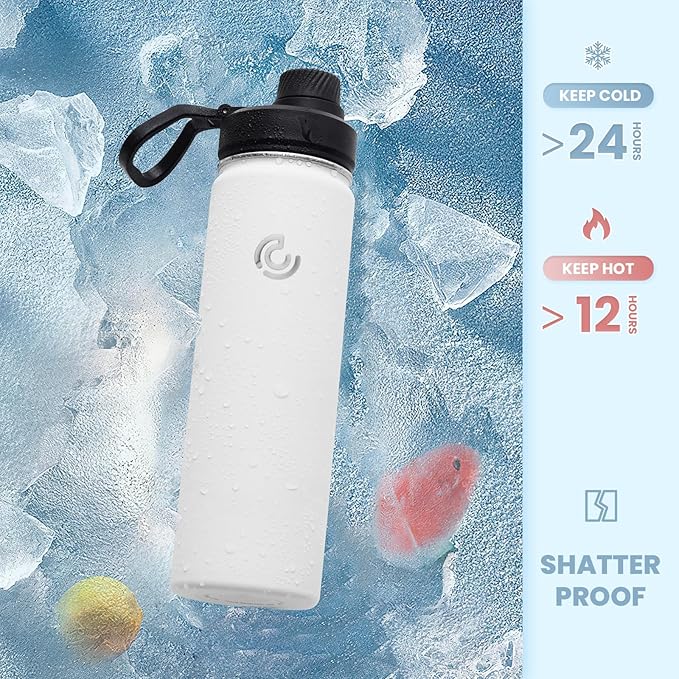 Sports Water Bottle 22oz, Insulated Water Bottle with Handle,Stainless Steel,Simple Modern,Suitable for Travel, School, Boy, Girl(White)