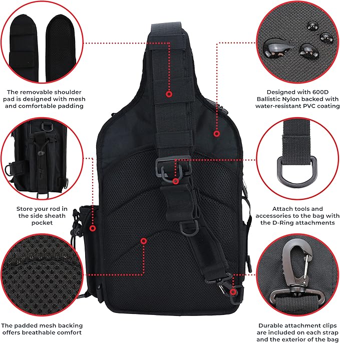 OSAGE RIVER Deluxe Tackle Sling Fishing Bag with Rod Holder, Lightweight Tackle Box Storage, Shoulder Bag for Fishing Hiking