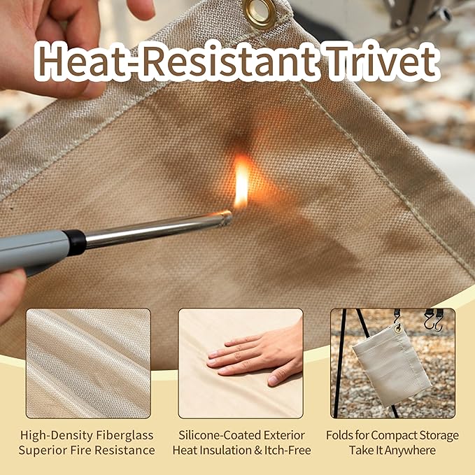 Fireproof Camping Blanket - Heat-Resistant Fiberglass Mat for Outdoor Cooking, BBQ & Emergency (Khaki 12" x 12")