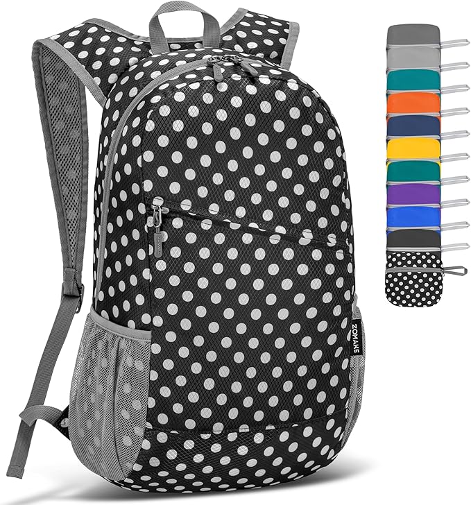 ZOMAKE Lightweight Packable Backpack,Foldable Backpacks Small Daypack for Hiking Water Resistant Day Bag for Travel(Black,White polka dots)