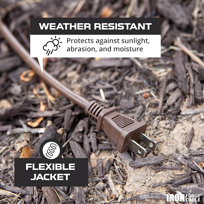 Iron Forge Cable 2 Prong Outdoor Extension Cord 10 ft, 16/2 SJTW 10 Foot Brown Extension Cord, Weatherproof - Great for Outdoor Lights, Deck, Patio