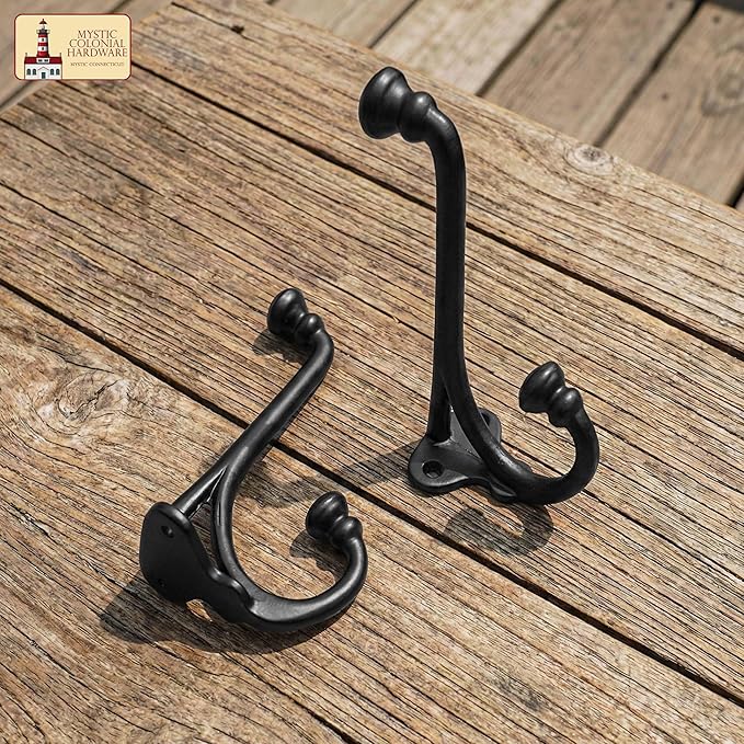 Mystic Colonial Rustic Cast Iron Wall Hooks Heavy Duty Retro Utility Hooks for Hanging Coat, Bag, Towel, Robe, Hat & More Decorative Wall Mount Hooks, Pack of 10, Black