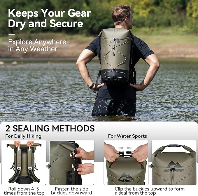 MARCHWAY Floating Roll Top Dry Bag, Flexible Lightweight TPU Waterproof Backpack 20L/30L/40L with Padded Straps for Boating, Kayaking, Swimming, Hiking, Beach (Green, 40L)