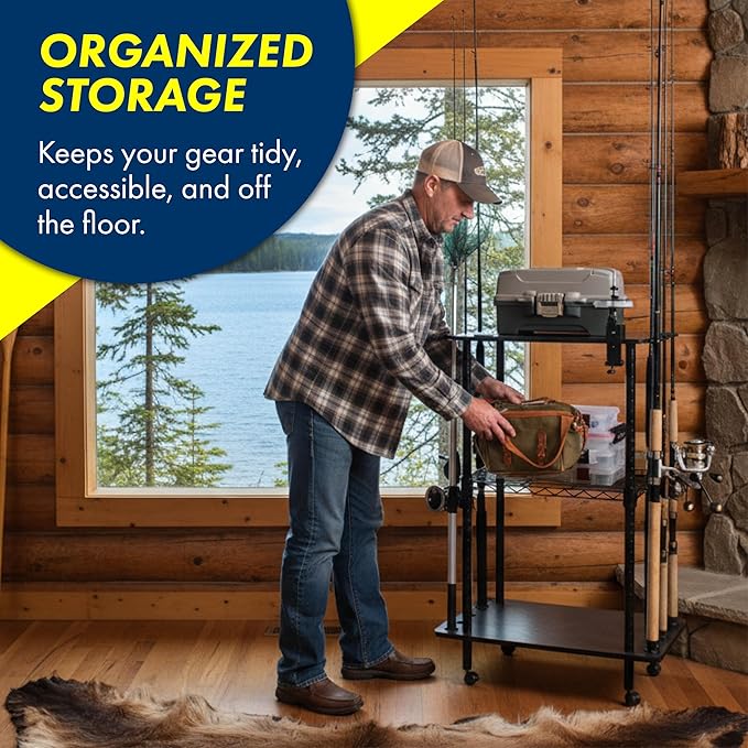 Rush Creek Creations Rod Holders for Garage Fishing Pole Rack Holds up to 12 Rods and Reel Combos - Mobile Garage or Shed Organizer car Fishing Gear Storage