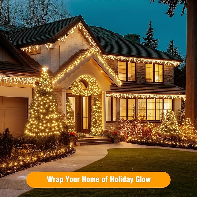 ASENEK Extra Long Christmas Tree Lights 197FT 600 LED Connectable 8 Modes with Timer Decorative String Lights for Xmas Tree Patio Party Warm White