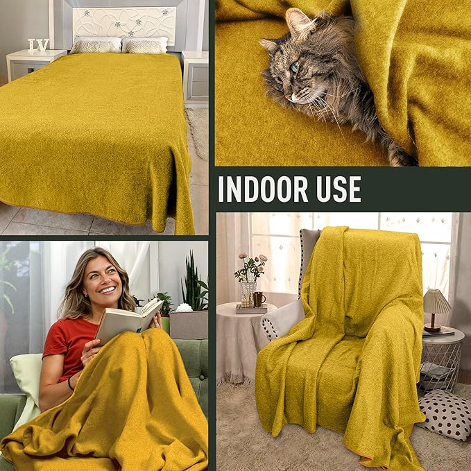 Large Military Wool Blanket - Warm & Thick Emergency Survival Blanket Great for Camping, Outdoors, Sports Events, Picnics, 4.5 lbs, 64" x 88" (Ochre Yellow)