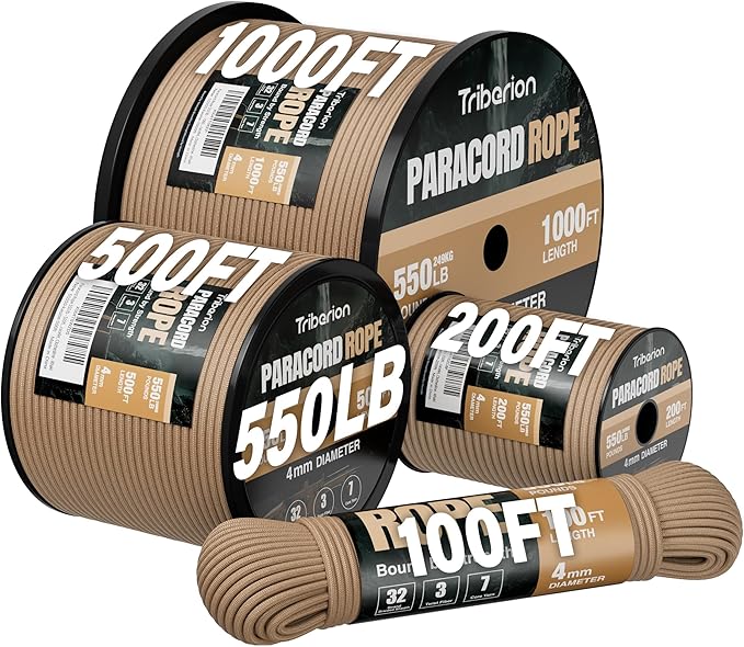 Paracord Rope 550 lb - 100ft 5/32" Parachute Cord 4MM 7-Strand para Cord - Heavy Duty Spool String for Survival,Camping Gear, Survival Bracelet, Clothesline - Khaki