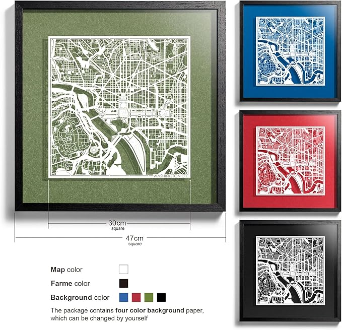 Washington D.C. Cut Map framed by O3 Design Studio, White map, Black frame, 18x18 inches, paper cutting art work, Gift Boxed, 4 background color, self-changing, Wall Art