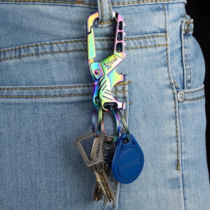 Kivssi Heavy duty metal keychains, Carabiner clip Car key chains,Fashion family keychain bottle opener and 3 Key Rings suitable for men and women.（Multicolor-1pcs）