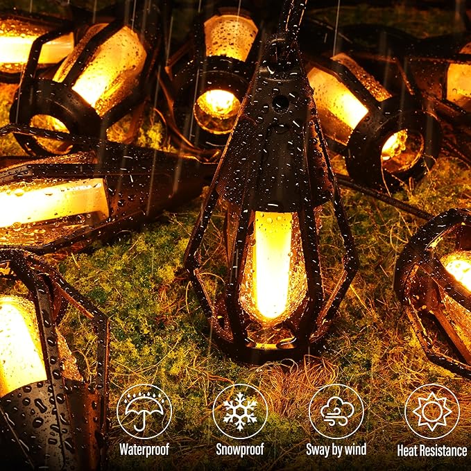 iBaycon Solar Flame Lights, 27Ft 10 LED Bulbs Flickering Flame String Light, Outdoor Waterproof Solar Flame Lights for Garden Yard Lawn Patio Decorations (Warm White)