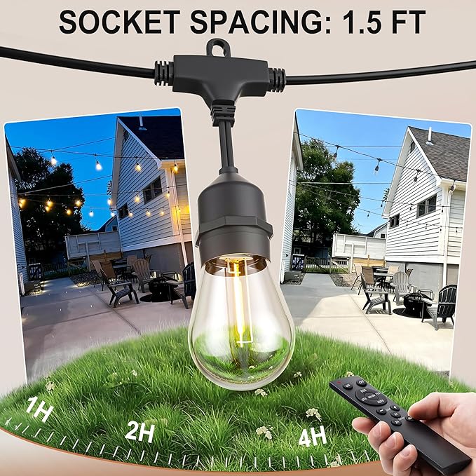 SUFEIMAS LED-Outdoor-String-Lights-Patio-Light-Outside 50FT Waterproof String Light with Remote Dimmer Outdoor Lighting with 34 Plastic Bulbs Hanging Lights for Porch Garden Backyard,1.5 FT Spacing