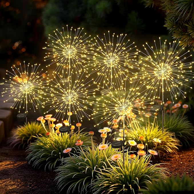 Solar Lights Outdoor, 120LED 6 Pack Fairy Garden Lights Decor for Outside Fireworks Lights Solar Powered for Yard, Patio, Pathway, Walkway, Balcony, Warm White