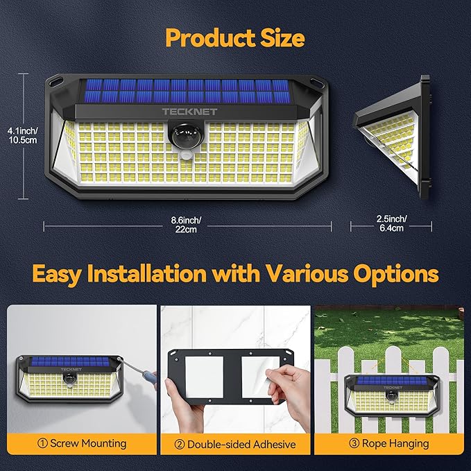 TECKNET 416 LED Solar Lights Outdoor Waterproof, 300° Angle & 3 Lighting Modes Motion Sensor Outdoor Lights, 2 Pack Solar Powered Flood Wall Lights IP66 for Home Patio Fence Yard Deck Garage Street