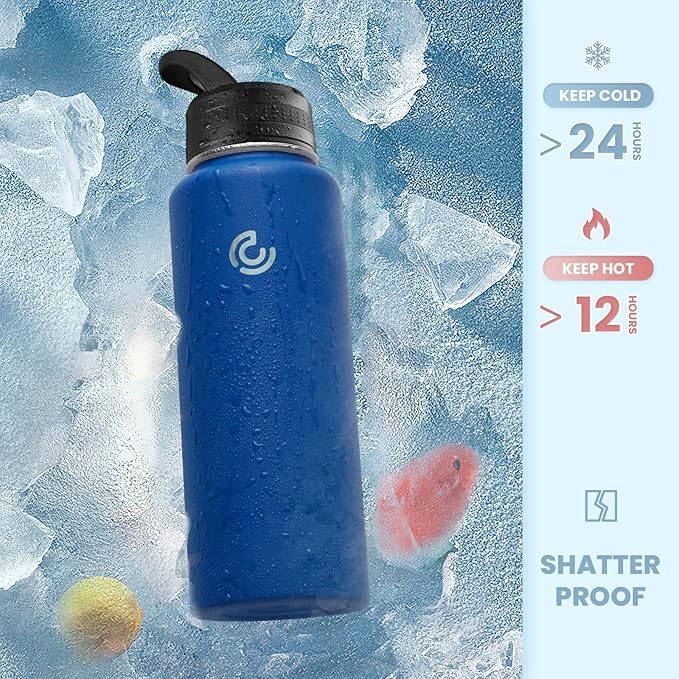 COKTIK 40oz Sports Water Bottle, Stainless Steel Water Bottle for Insulated, Reusable Travel Bottle, With Straw, With Handle Grip for Easy Carrying, Suitable for Cycling, Outdoor Vacations(Cobalt)
