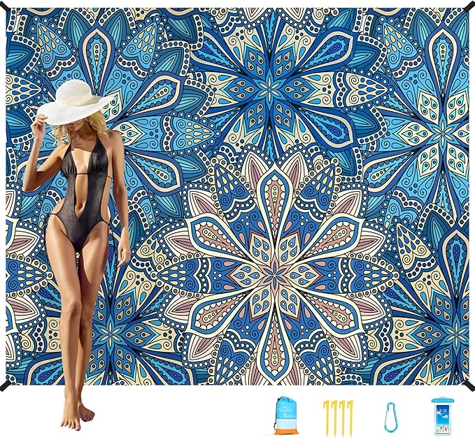 Famstar Beach Blanket Oversized Extra Large78 X 110",Waterproof Sandproof Beach Blanket 2-8 Adults Lightweight Durable for Travel Camping Hiking Picnic