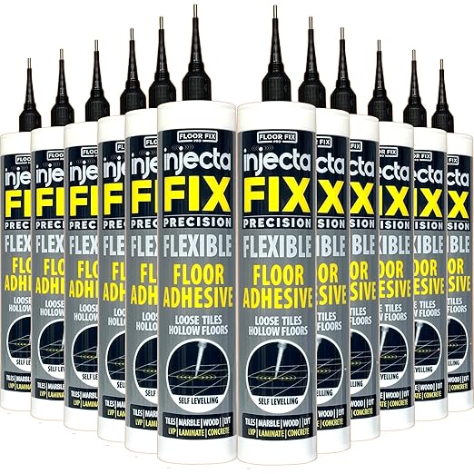 Floor-Fix Pro The Original Adhesive - Extra Strength - Fix Loose & Hollow Tiles, Repair Squeaky Wood Floor - All in One 5/64” Patented Stainless Steel Injection Tip + Anti Clog Cap (12)