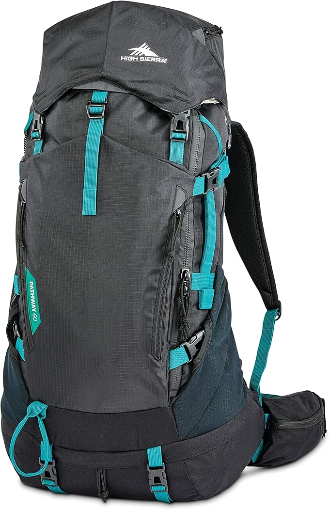High Sierra Pathway 2.0 Backpack with Hydration Storage Sleeve, for Hiking, Biking, Camping, Traveling, Black, 60L