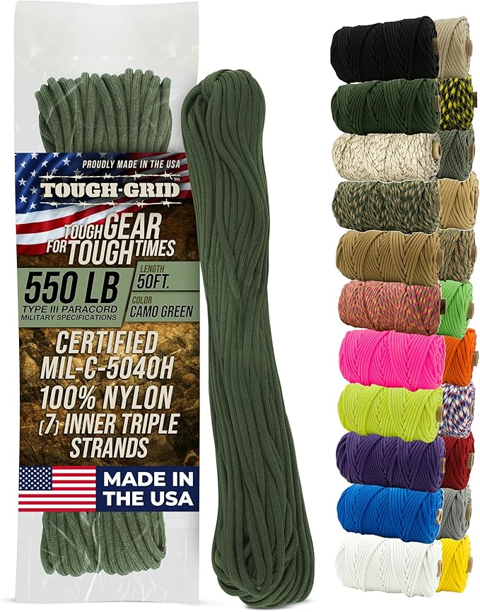 TOUGH-GRID 550 Paracord, Type III Mil-Spec Nylon Rope - 50 Ft Camo Green Tactical Survival Cord