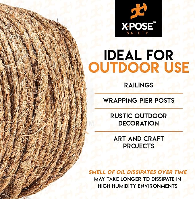 Manila Rope - 1/4 Inch 600' - 3 Strand Cordage Twisted Braided Rope - Thick Natural Fiber for Nautical, Marine, Decorative for Crafts, Porch Column, Outdoor Pole Wrap, Tree Swing