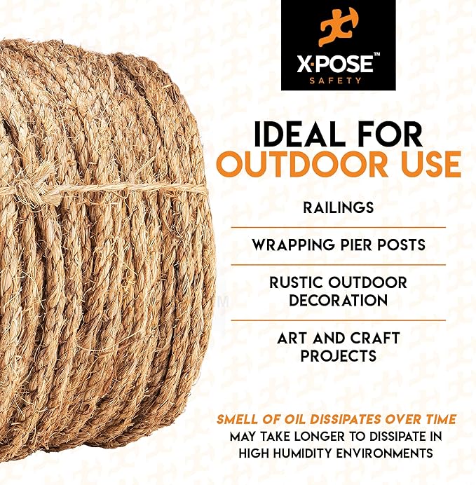 Manila Rope - 3/8 Inch 600' - 3 Strand Cordage Twisted Braided Rope - Thick Natural Fiber for Nautical, Marine, Decorative for Crafts, Porch Column, Outdoor Pole Wrap,Tree Swing