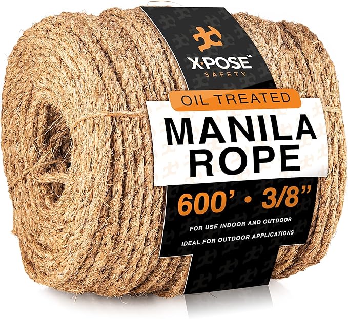 Manila Rope - 3/8 Inch 600' - 3 Strand Cordage Twisted Braided Rope - Thick Natural Fiber for Nautical, Marine, Decorative for Crafts, Porch Column, Outdoor Pole Wrap,Tree Swing