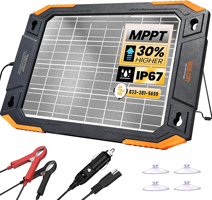 BALDR 12V Solar Battery Charger, 13W Waterproof Dual Sided Battery Maintainer, IP67 MPPT Trickle Charger for Car, Trailer, Lawn Mower, Boat