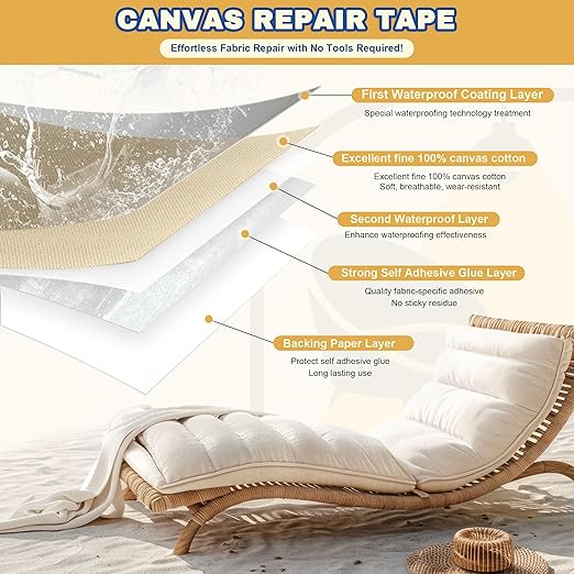 Canvas Repair Tape, 16 x 63 Inch Waterproof Heavy Duty Fabric Tape for Furniture, Self Adhesive Canvas Repair Patches for Boat Covers, Sofas, Tents, Louge Chairs, Canopy, Awning Khaki