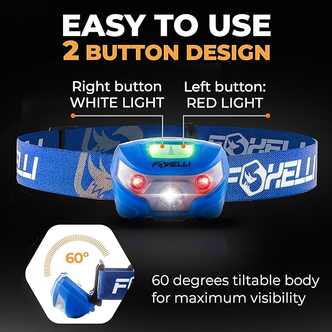 Foxelli USB-C Rechargeable LED Headlamp – Super Bright, Lightweight Head Lamp for Running, Camping, Hiking & Work – Comfortable Fit for Adults & Kids