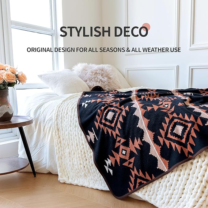 ACUSHLA Merino Wool Blend Blanket - Soft Warm Thick Washable Bed Couch Outdoor Camp Travel Car Blanket Throw All Weather, Morocco Navy Blue 63"x51"