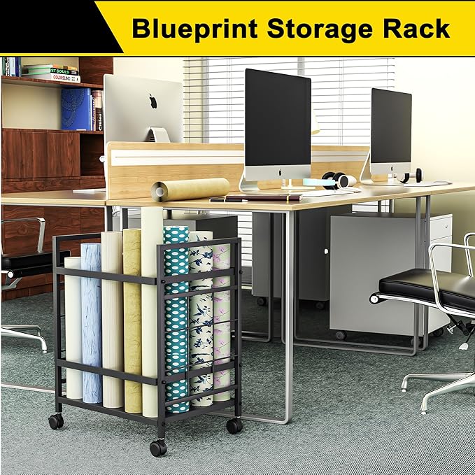 Blueprint Storage Rack, Blueprint Holder with Wheels, Used for Storing Blueprint/Carpet/Map/Poster/Architectural Construction Plan, 20 Slots(3.2" x 3.2"), Silent Wheel for Home, Office, School(Black)