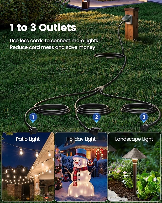 SURAIELEC Outdoor Extension Cord with Multiple Outlets, (15+10+10+10) 45FT Total, 25FT End to End, 1-3 Multi Plug Splitter, 16/3C SJTW, for Landscape, Christmas Lights, Halloween Decorations, Black