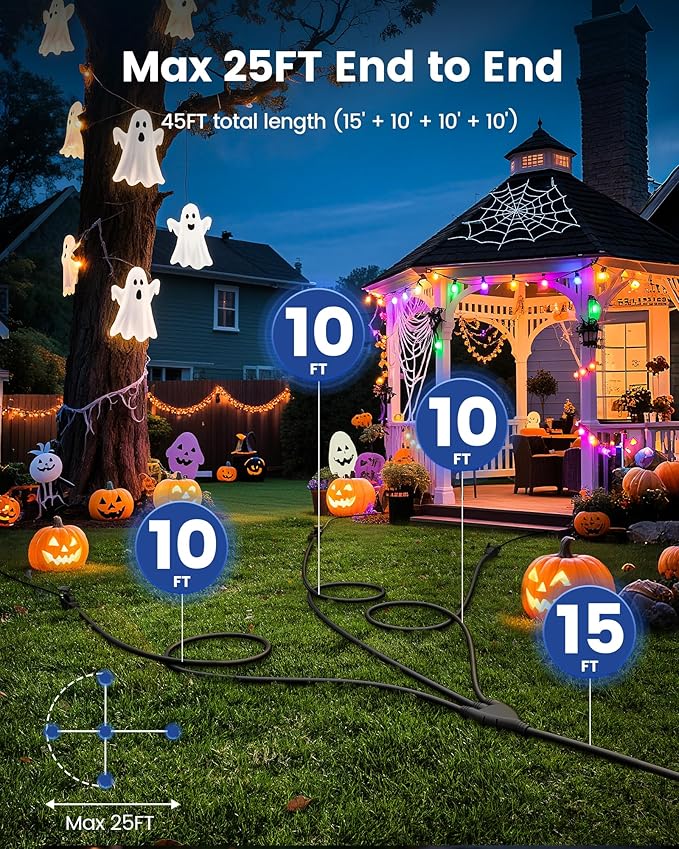 SURAIELEC Outdoor Extension Cord with Multiple Outlets, (15+10+10+10) 45FT Total, 25FT End to End, 1-3 Multi Plug Splitter, 16/3C SJTW, for Landscape, Christmas Lights, Halloween Decorations, Black