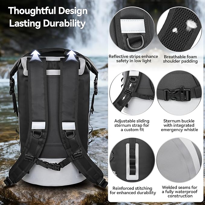 MARCHWAY Floating Roll Top Dry Bag, Flexible Lightweight TPU Waterproof Backpack 20L/30L/40L with Padded Straps for Boating, Kayaking, Swimming, Hiking, Beach (Black, 40L)