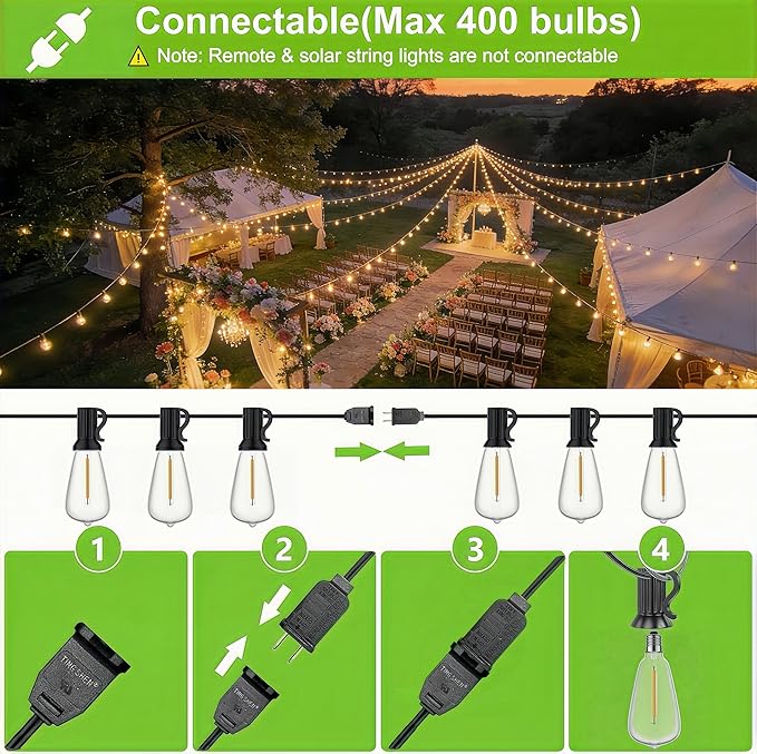 25FT Outdoor String Lights, Waterproof Patio Lights with Shatterproof ST38 Vintage Edison Bulbs, Connectable Outside Hanging Lights for Backyard, Porch, Deck, Balcony, Garden, 2500K Dimmable