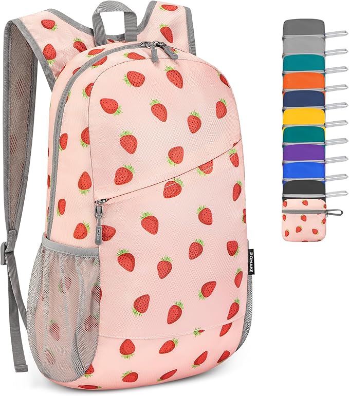 ZOMAKE Lightweight Packable Backpack,Foldable Backpacks Small Daypack for Hiking Water Resistant Day Bag for Travel(Strawberry print)