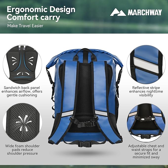 MARCHWAY Roll Top Waterproof Backpack, Floating Dry Bag 20L/30L/45L with Ergonomic Rectangular Base, Cushioned Back, Hip Strap for Hiking Camping Kayaking Travel (Blue, 20L)