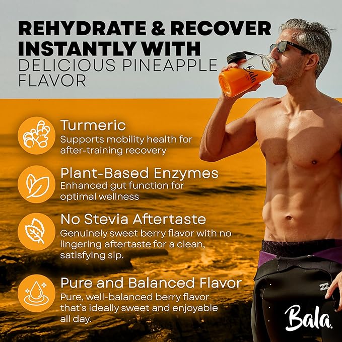 Bala Total Body Wellness Drink Mix, Hydrate & Recover Variety Pack, Pineapple, Lime & Berry, 10 Per Flavor, Zero Sugar Electrolytes Powder Packets with Enzymes & Amino Acids, Turmeric Drink, 30 Sticks