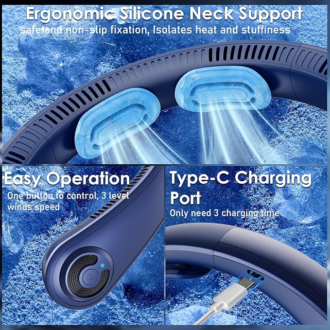 Portable Lightweight Neck Fan with Neck Support, Birthday Gifts for Men Women Dad Mom, Rechargeable Personal Wearable Cooling Neck Fans for Hot Flashes, Disneyland, Travel, Camping Essentials