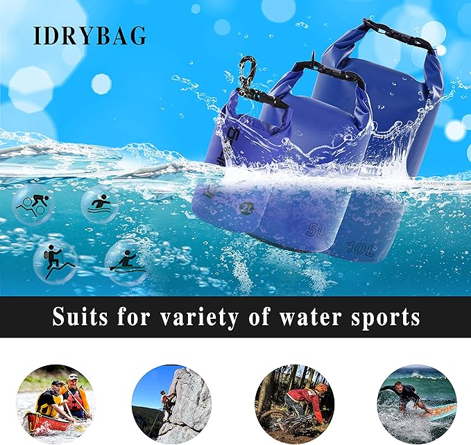 IDRYBAG Dry Bag for Kayaking Waterproof 2L/5L/10L/15L/20L, Small Dry Sack Waterproof Bag for Boating