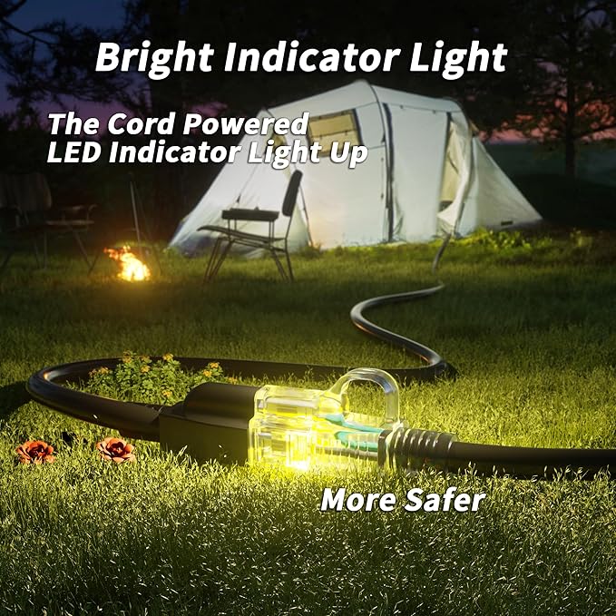 PlugSaf 14/3 Gauge Black Outdoor Extension Cord 25 ft Waterproof with Lighted Indicator, Cold Weatherproof -40°C, Flexible 3 Prong Extension Cord Outside, 15A 1875W 14AWG SJTW, ETL Listed