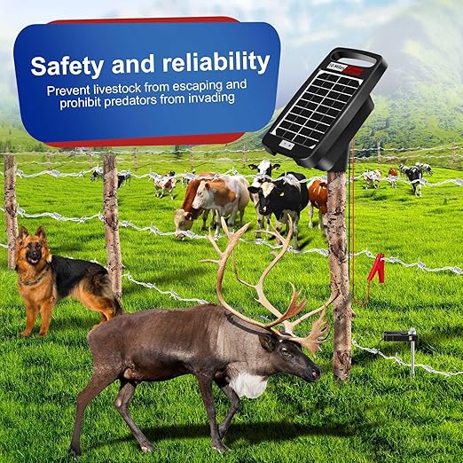 10 Miles Solar Powered Electric Fence Charger – 0.18J Output, 24/7 Day/Night Protection, Portable Fence Energizer for Dogs, Chickens, Garden, Livestock, Rechargeable Solar Panel, Rugged & Waterproof