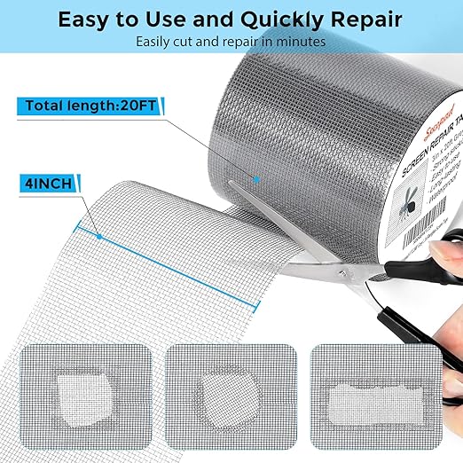 Secopad Grey Window Screen Repair Tape, 3IN X 20FT (240IN) Screen Repair Kit for Windows or Doors, Strong Adhesive Patch Kit Fiberglass Mesh Tape