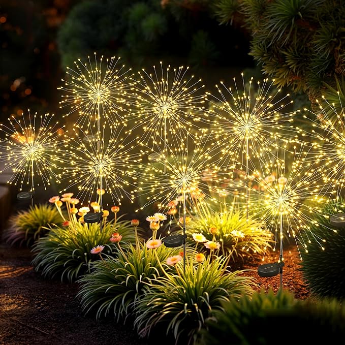 Solar Lights Outdoor, 120LED 8 Pack Fairy Garden Lights Decor for Outside Fireworks Lights Solar Powered for Yard, Patio, Pathway, Walkway, Balcony, Warm White