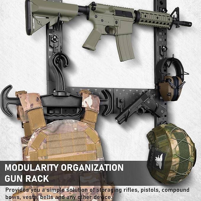 Adoreal Modularity Gun Wall Mount, Hold Up 120LBS Gun Rack for Wall with 10 Mounting J-Hooks, Rifle Shotgun Rack with Additional Storage, 31.8" x 22" Tactical Gear Wall Mount, Functional Gun Racks