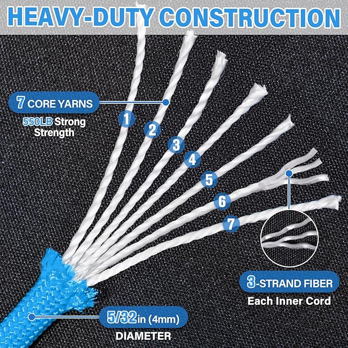 Paracord Rope 550 lb - 500ft 5/32" Parachute Cord 4MM 7-Strand para Cord - Heavy Duty Spool String for Survival,Camping Gear, Survival Bracelet, Clothesline - Blue