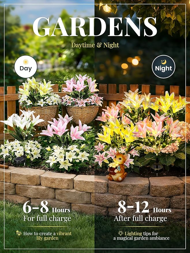 GIGALUMI Solar Garden Lights, 8 Pack LED Lily Garden Decor Carefree Solar Flowers Outdoor Waterproof, Yard Decorations Outdoor, Allergy-Free Light up Flowers for Yard Patio (4Pink, 2White, 2Yellow)