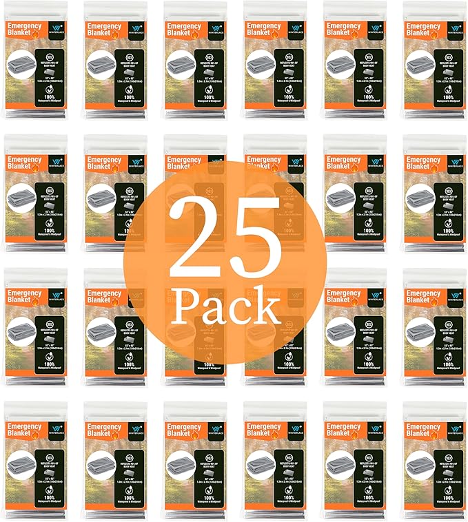 Winterlace Emergency Blankets 25-Pack (52” x 82”) Thermal Mylar Survival Rescue Camping Heat Reflective (25 Pack)