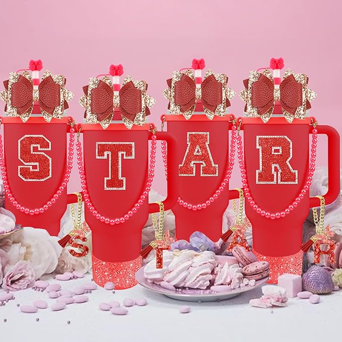 9PCS Red for Stanley Cup Accessories Set Bling Initials Bow Charms for Stanley Decorations 30/40 Oz Tumbler Accessories Including Bow Straw Topper, Handle Strap, Spill Stopper（Letter E）